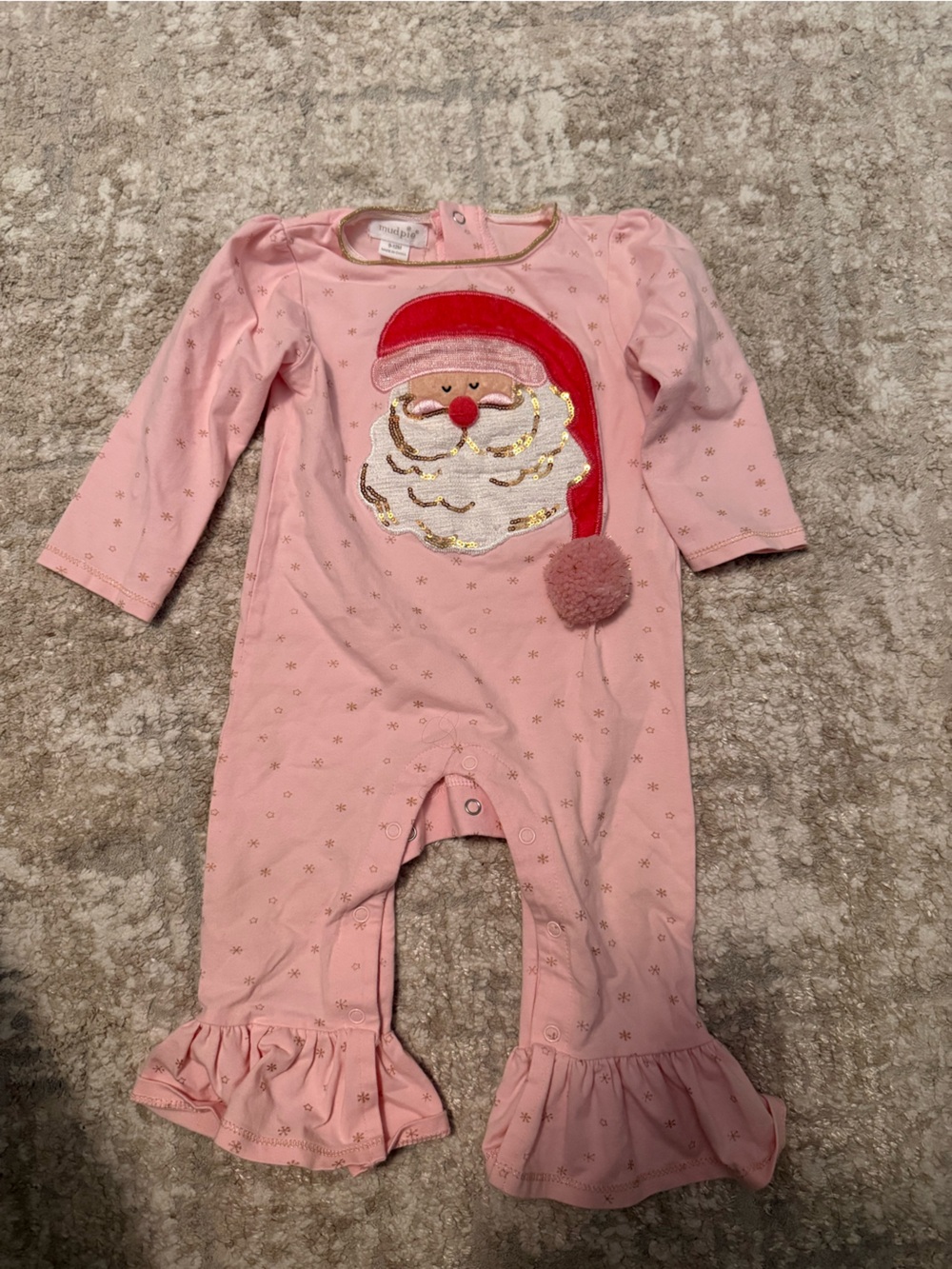 Mud Pie Pink Santa Appliqué Ruffle bell bottom Romper size 9/12M
